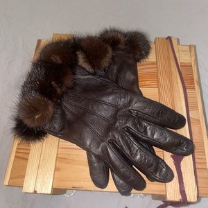 Neiman Marcus Cashmere Lined Leather Mink Gloves Brown